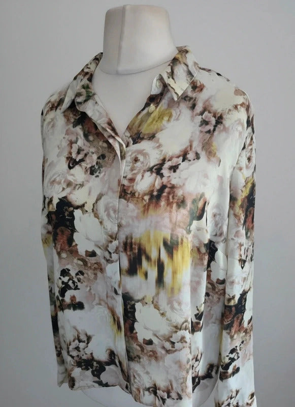 Limited Edition Cream Multicoloured Abstract Floral Print Blouse Size 14