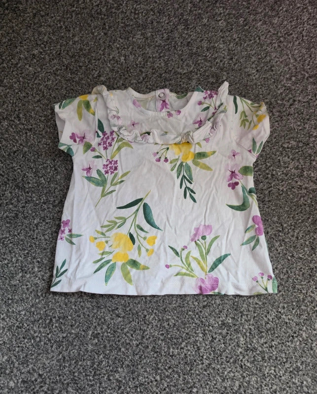 Tu Baby Girls White Floral Frill Collar Short Sleeve Cotton Top 9-12 Months