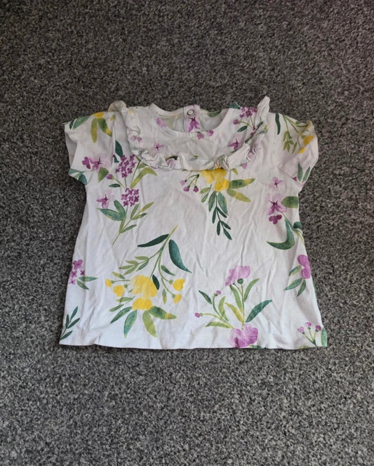Tu Baby Girls White Floral Frill Collar Short Sleeve Cotton Top 9-12 Months