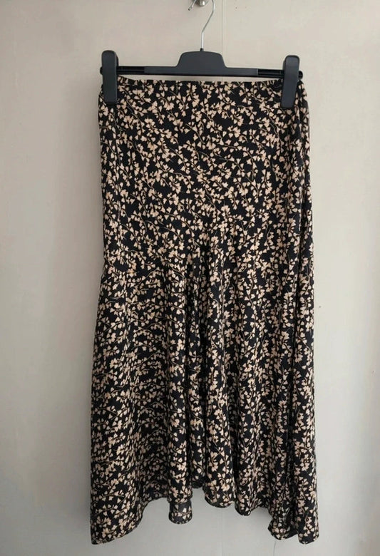 Primark Black & Brown Patterned High Waisted Flared Midi Skirt Size 8