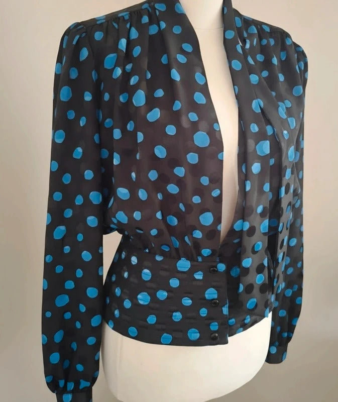 Vintage 1980s Parigi Black and Blue Polka Dot Blouse Size 8-10