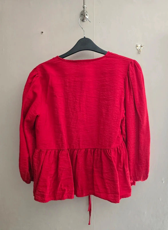 F&F Red Tie-Front Long Sleeved Oversized Blouse Top Size 12