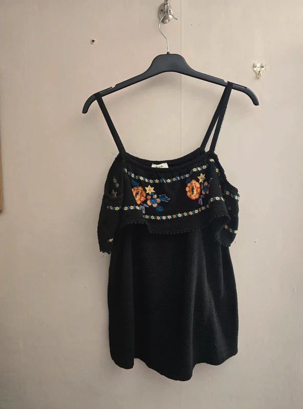 Matalan Black Floral Embroidered Off The Shoulder Bardot Top Size 12