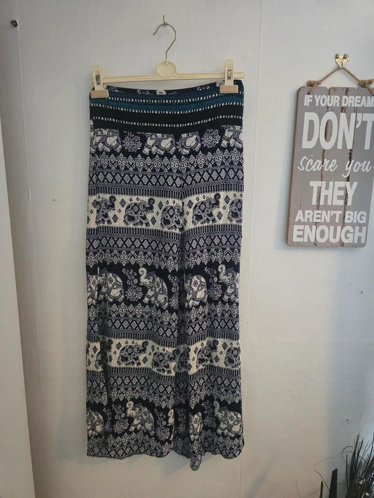 Indie Boho Blue & White Elephant PrIndie Boho Blue & White Elephant Print High-Waisted Flared Trousers One Sizeint High-Waisted Flared Trousers One Size