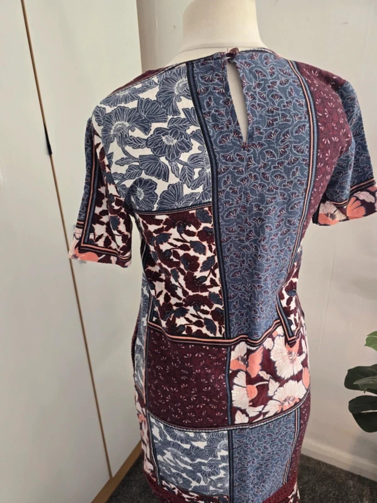 Next Burgundy & Blue Floral Patchwork Midi Dress  Size 6