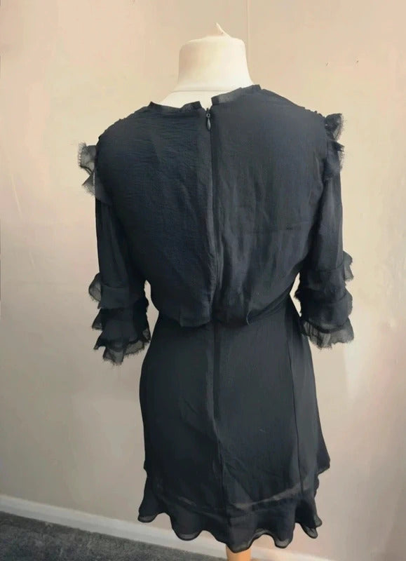 Topshop Black Embroidered Floral Frilly Flared Dress Size 10