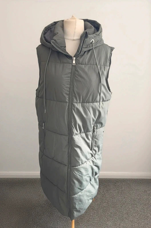Matalan Khaki Longline Hooded Puffer Gilet Zip Up Size 16