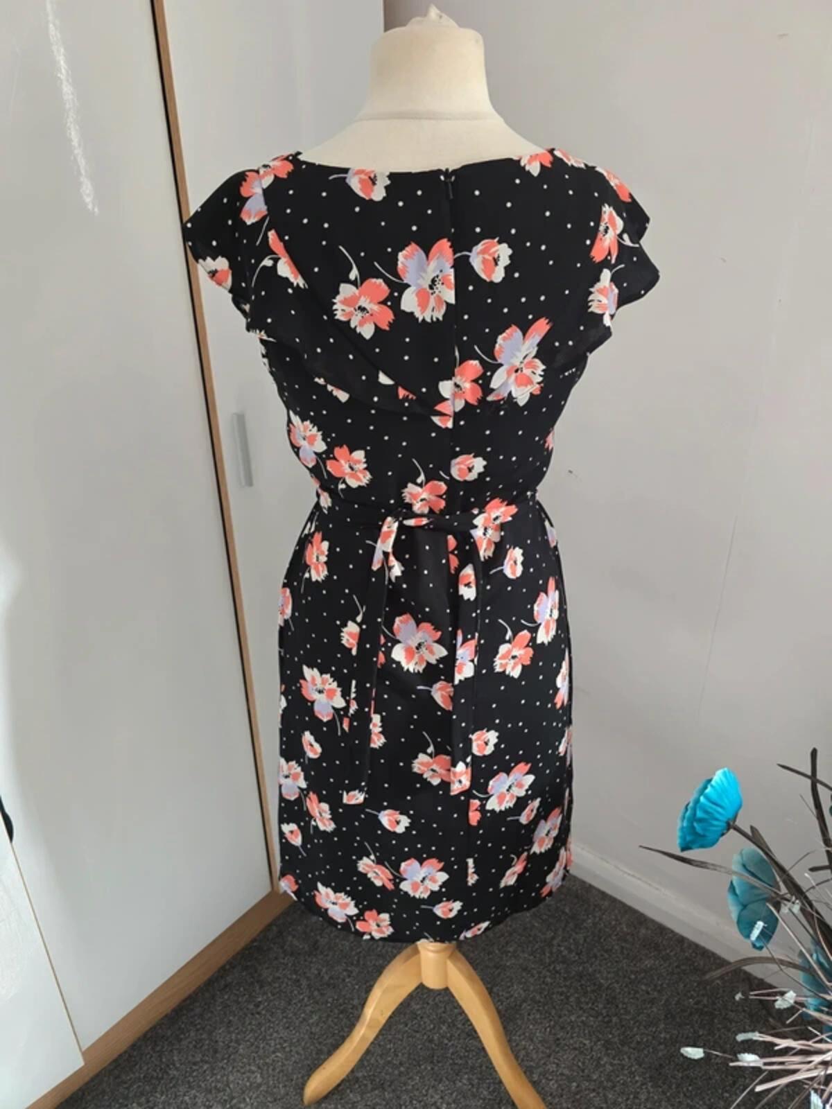 Roman Black Floral & Polka Dot Flared Midi Dress Size 10