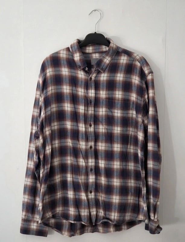 Mens Marks & Spencer Brown Navy Checked Long Sleeve Shirt XL Regular