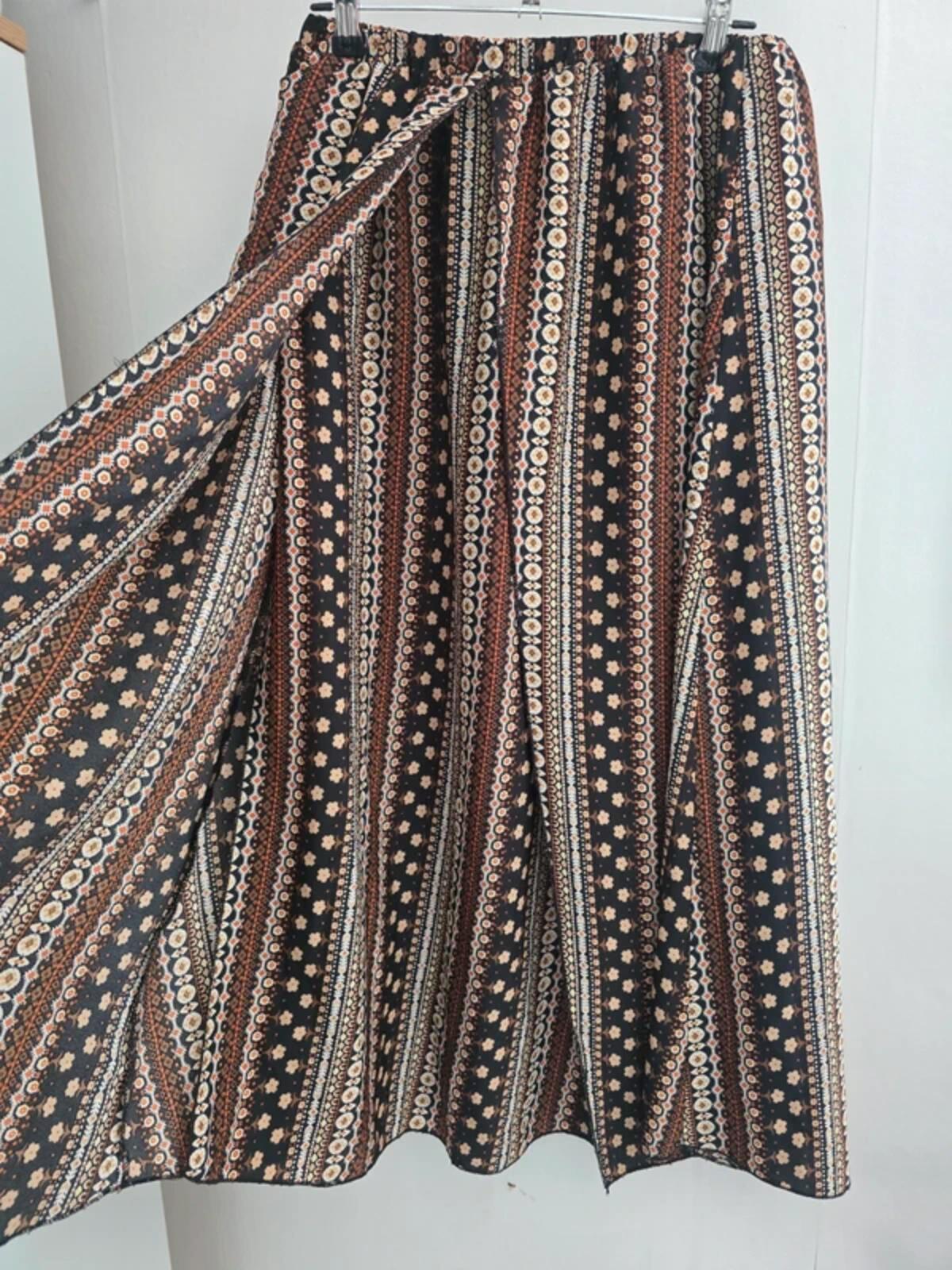 Shein Brown & Beige Patterned Layered Modest Wrap Midi Skirt S Size 8-10