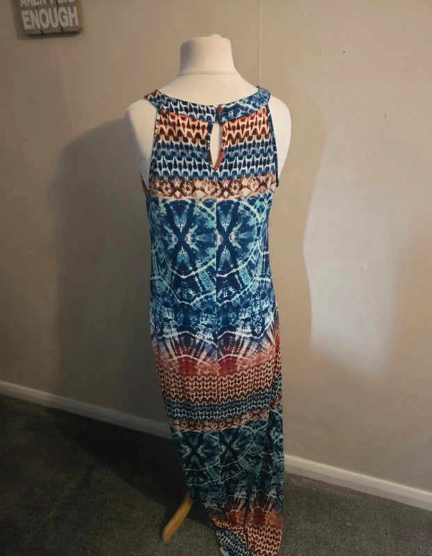 Wallis Blue Multicoloured Patterned Sleeveless Bodycon Maxi Dress Size 14