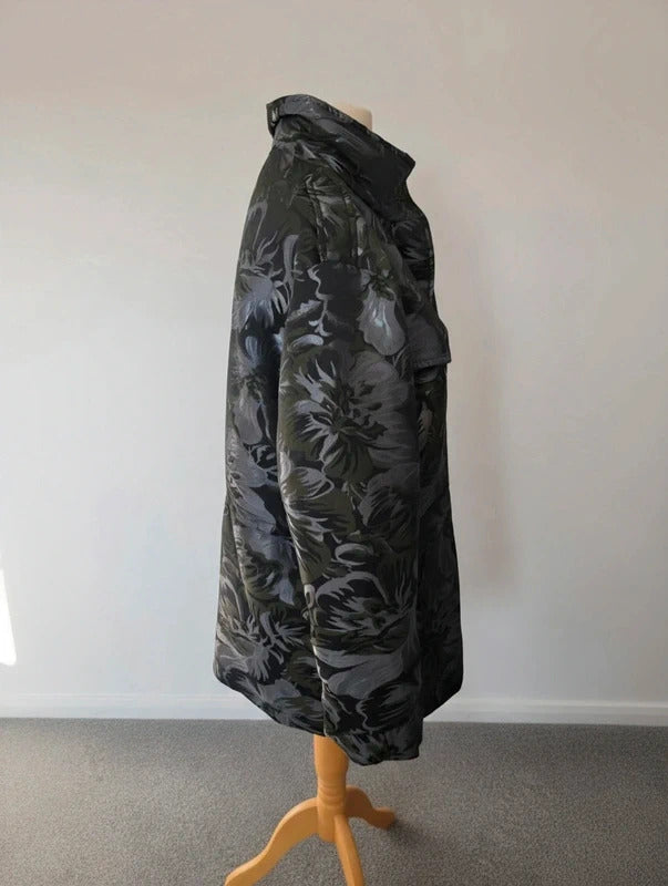 Next Black Green Silver Metallic Floral Print Jacket 12 Longline Zip Up Coat