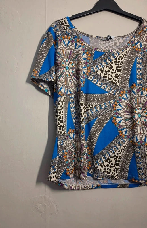 Nightingales Blue Multicoloured Abstract Print Short Sleeve Top Size 20