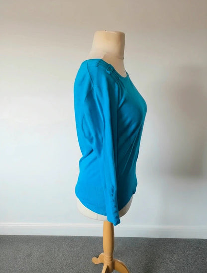 Roman Bright Blue Lightweight Knit Jumper Size 14 Button Detail Long Sleeve