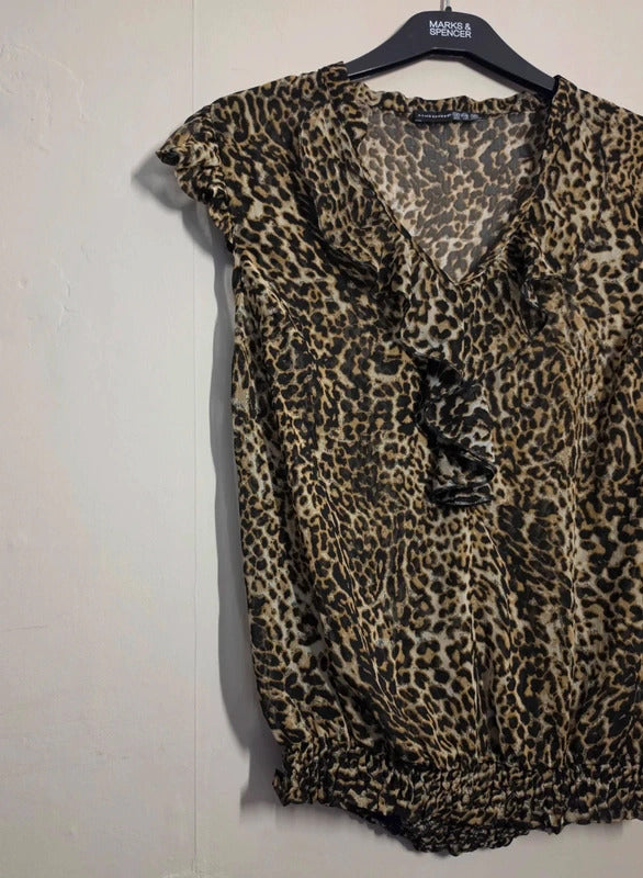 Primark Beige & Black Leopard Print Sheer Ruffle Blouse – Size 12 