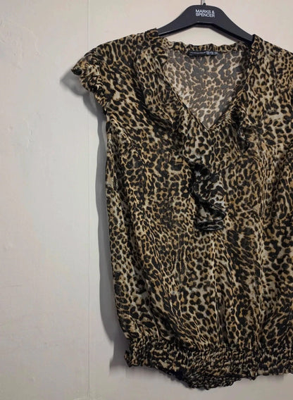 Primark Beige & Black Leopard Print Sheer Ruffle Blouse – Size 12 