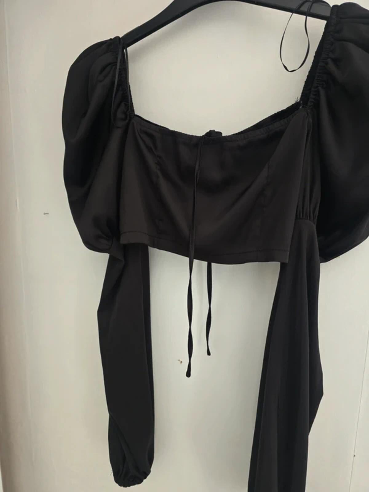 Boohoo Black Satin Style Cropped Puff Sleeve Top - Size 8