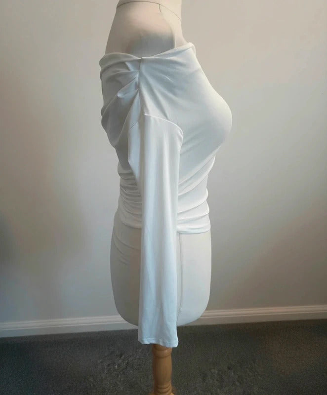 SHEIN White Off The Shoulder Long Sleeve Bodycon Top M Size 10-12