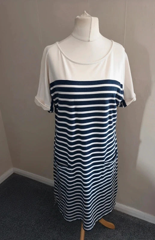 White Stuff Women's Cream & Navy Striped Short-Sleeve Cotton Midi Dress Size 12