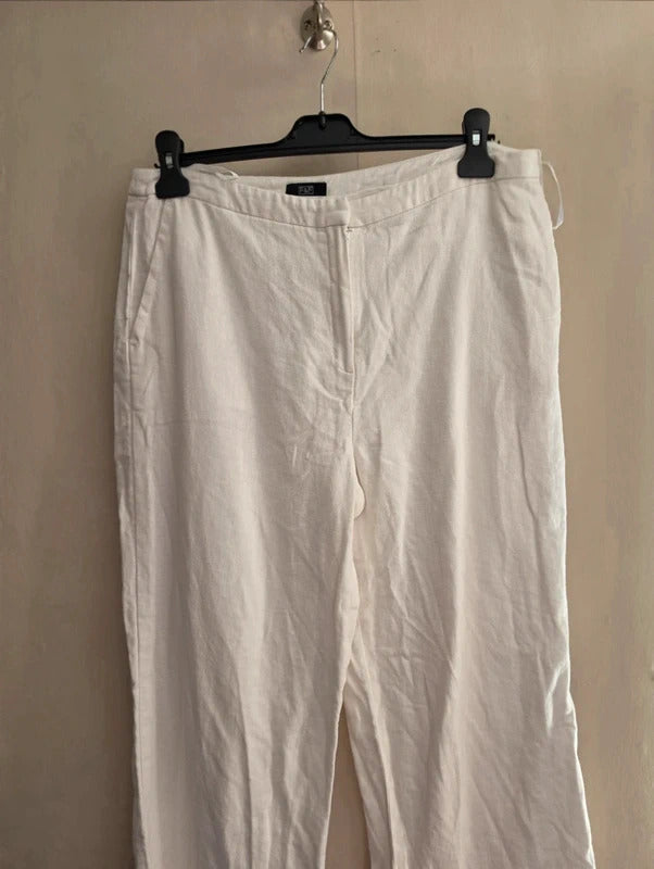 F&F White High-Waisted Linen Blend Flared Wide Leg Trousers Size 14