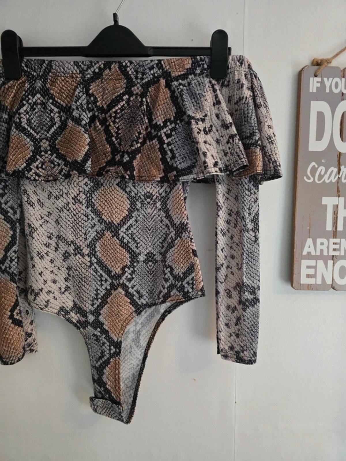 Prettylittlething Beige & Brown off the shoulder  Snakeskin Bodysuit - Size 8