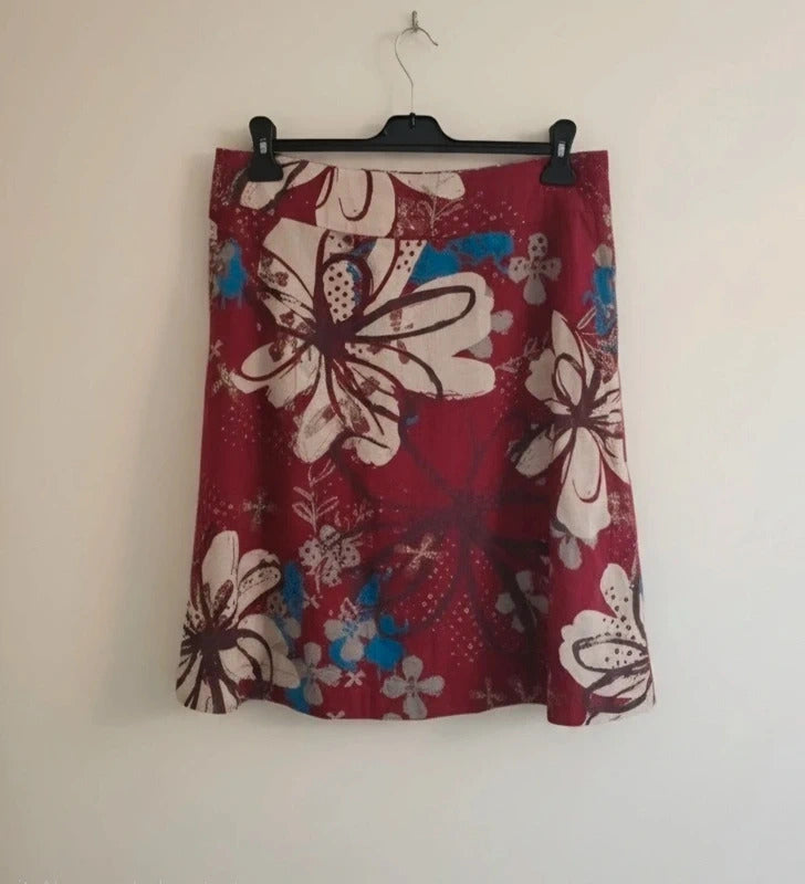White Stuff Reversible Skirt 10 Blue Cream Bird Print Burgundy Floral 100 Cotton