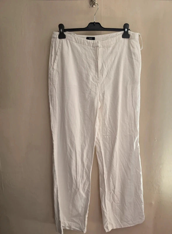 F&F White High-Waisted Linen Blend Flared Wide Leg Trousers Size 14