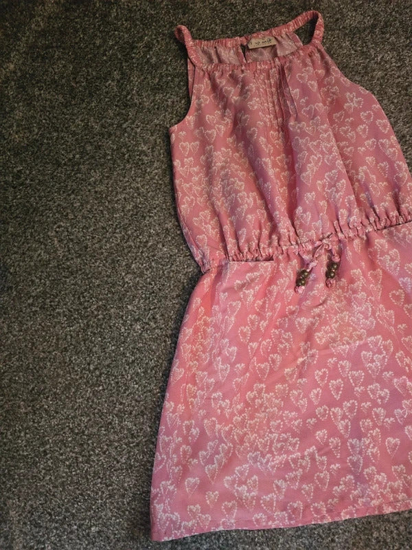 Next Girls Pink & White Heart Print Sleeveless Elastic Waist Summer Dress Size 6 Years