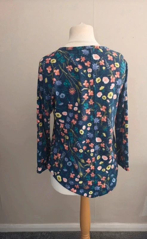 Marks & Spencer Navy Floral Lightweight Relaxed Jumper Linen Blend Size 12