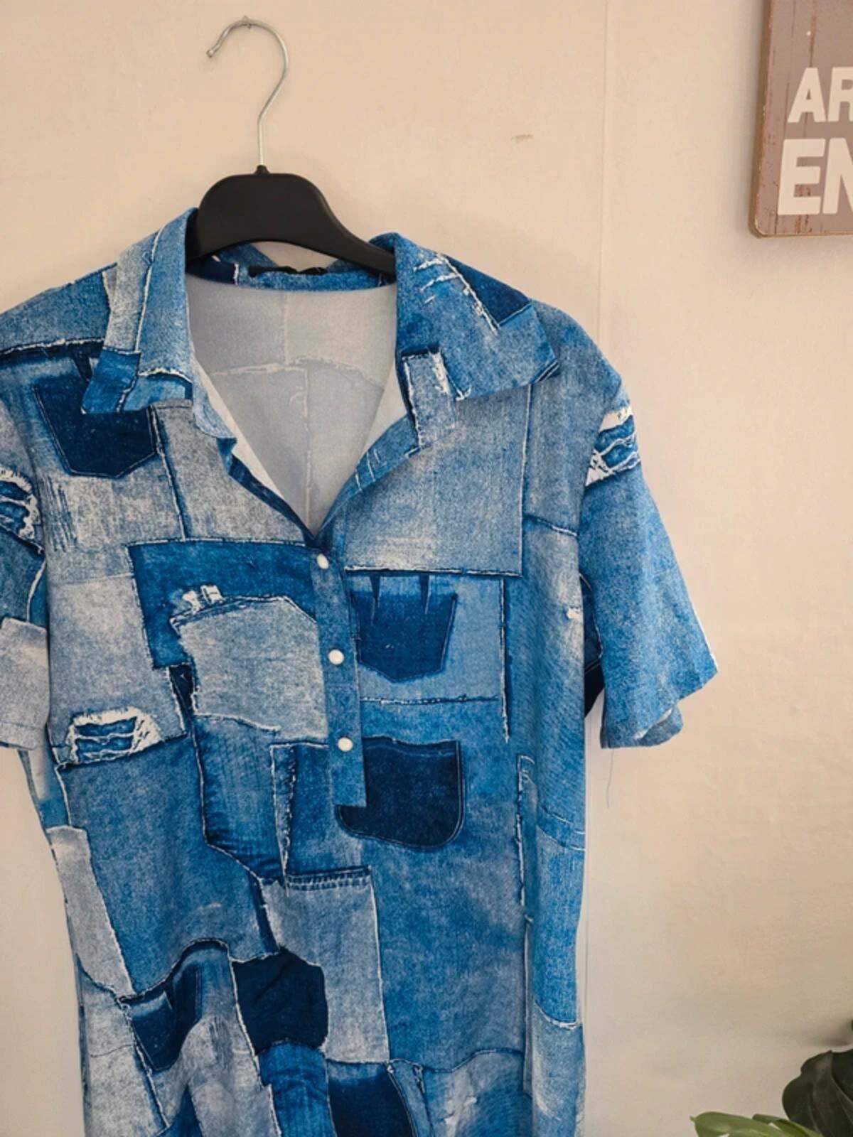 Chicme Blue Patchwork Print Short Sleeved Shirt Dress L Size  12-14
