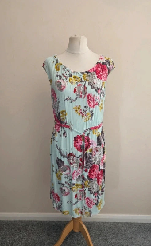 Joules Turquoise Floral Sleeveless Knee Length Drawstring Dress Size 14