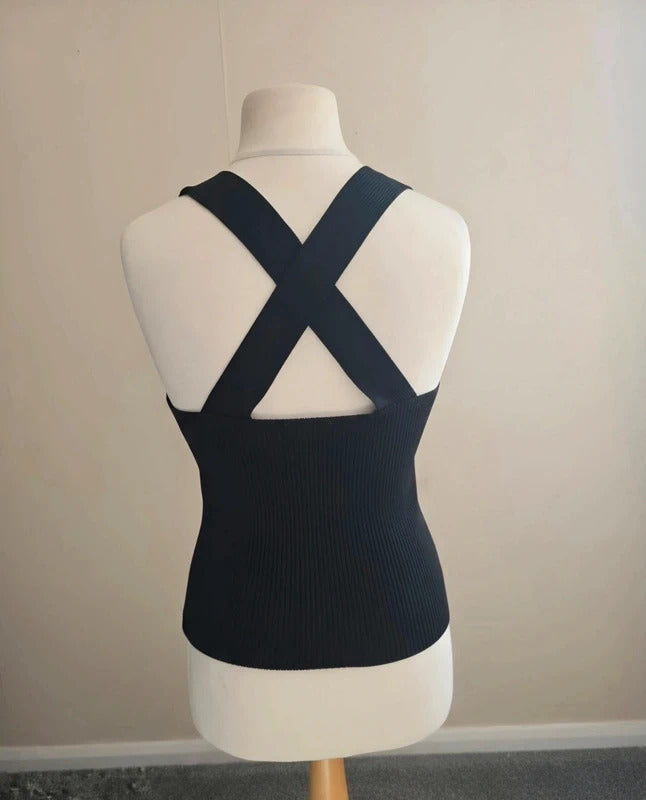 Primark The Edit Black Ribbed Cross Back Bodycon Top S Size 10-12