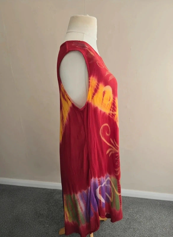 Red & Yellow Tie-Dye Embroidered Asymmetrical Midi Dress One Size