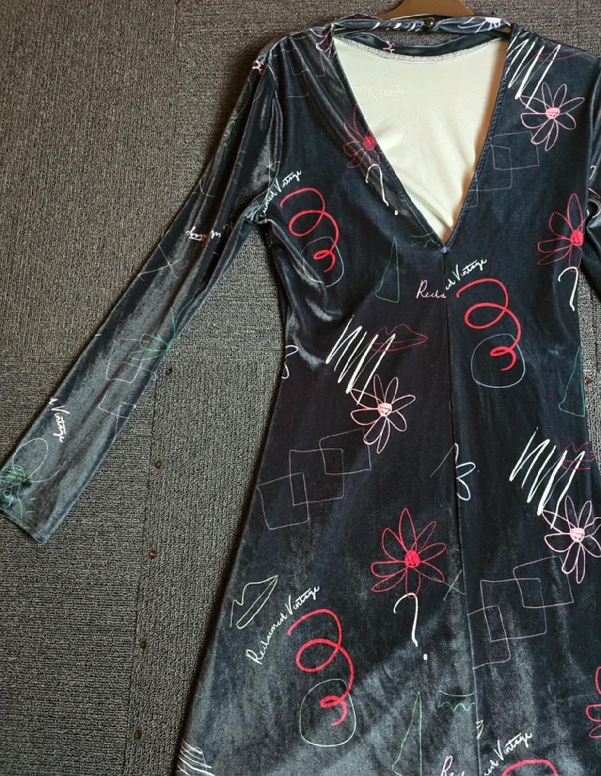 Reclaimed Vintage Black Velvet Dress Size 14 Graphic Ruched Midi V-Back