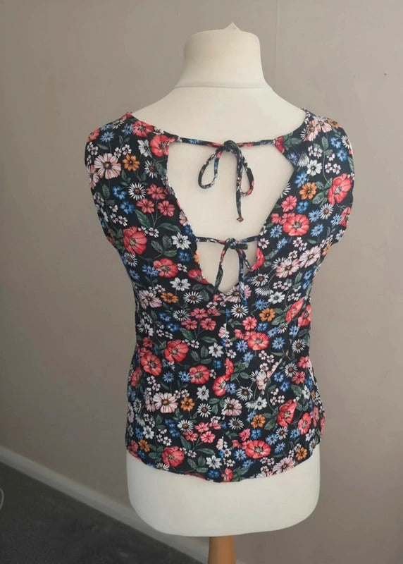 New Look Black Multicoloured Floral Tie Back Sleeveless Vest Top Size 10