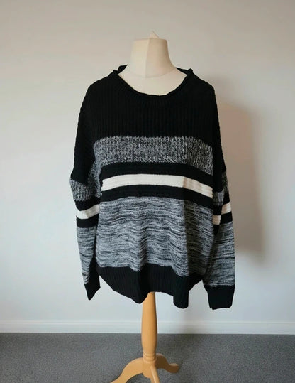 Women's Black Grey & White Striped Chunky Knit Jumper –  3XL (Size 18–20) 