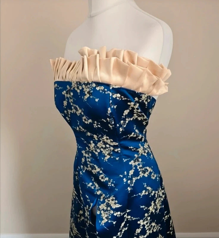 Bespoke Elizabeth Glaze Y2K Royal Blue Cream Frill Evening Dress