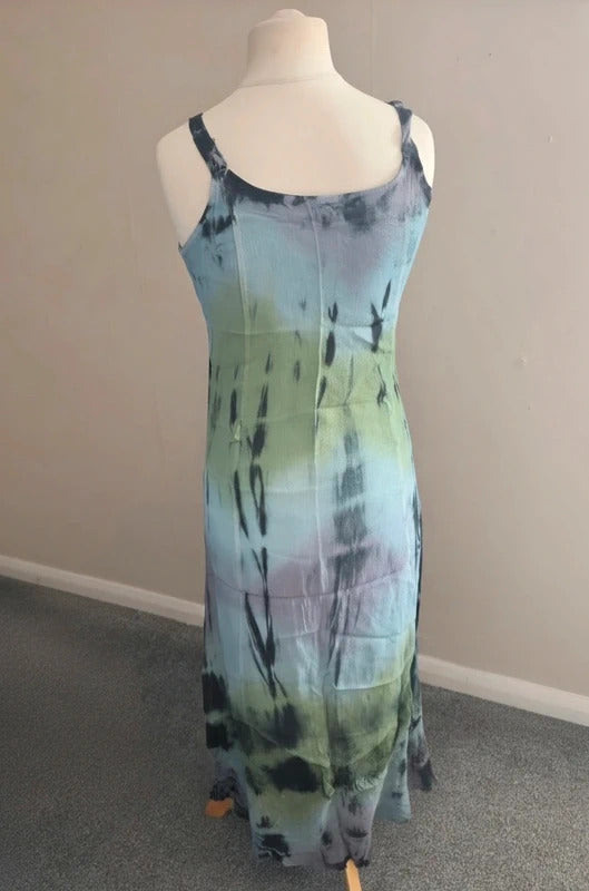 Vintage Style Green, Purple & Black Tie-Dye Embroidered Midi Dress  Size 12-14