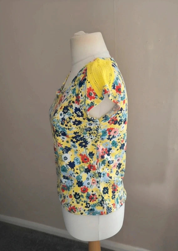Next Yellow Floral Cotton Top with Crochet Detail Size 8
