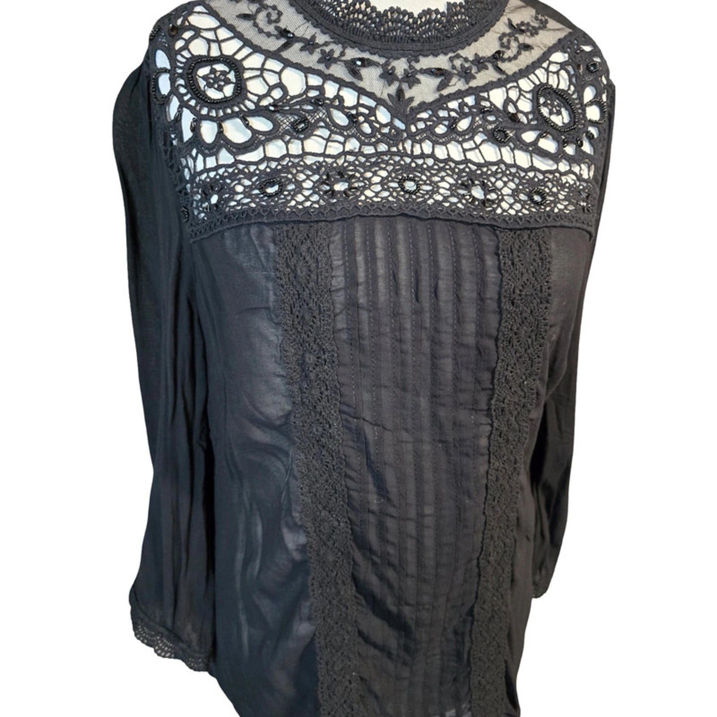 Monsoon Blouse Black Size 12 Lace 3/4 Sleeves New Work Formal