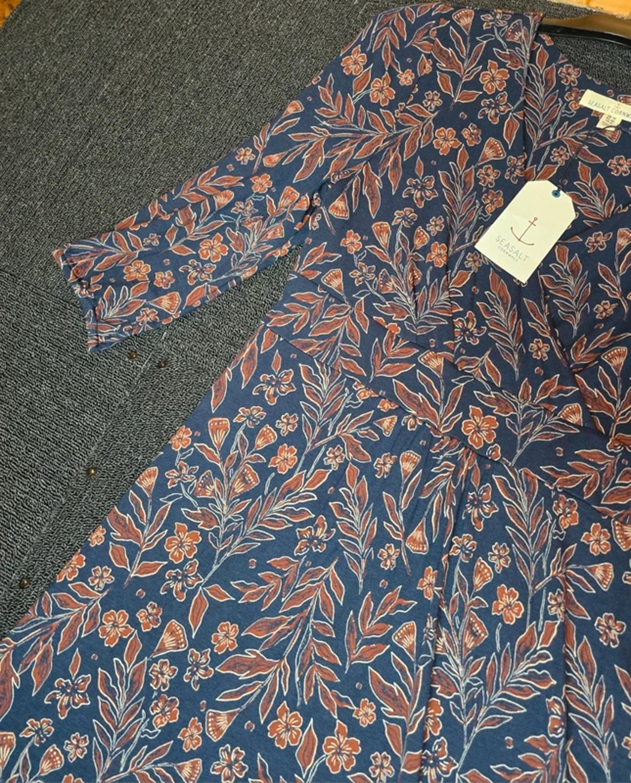 Seasalt Cornwall navy & brown floral midi dress NWT size 10