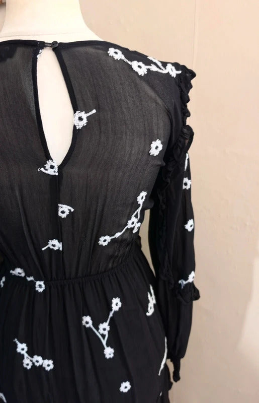 River Island Black & White Floral Frill Sheer Detail Midi Dress Size 8