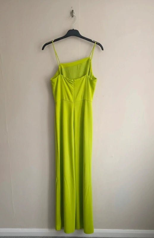 Mango Bright Lime Green Sleeveless Asymmetric Flared Jumpsuit Med Size 10-12