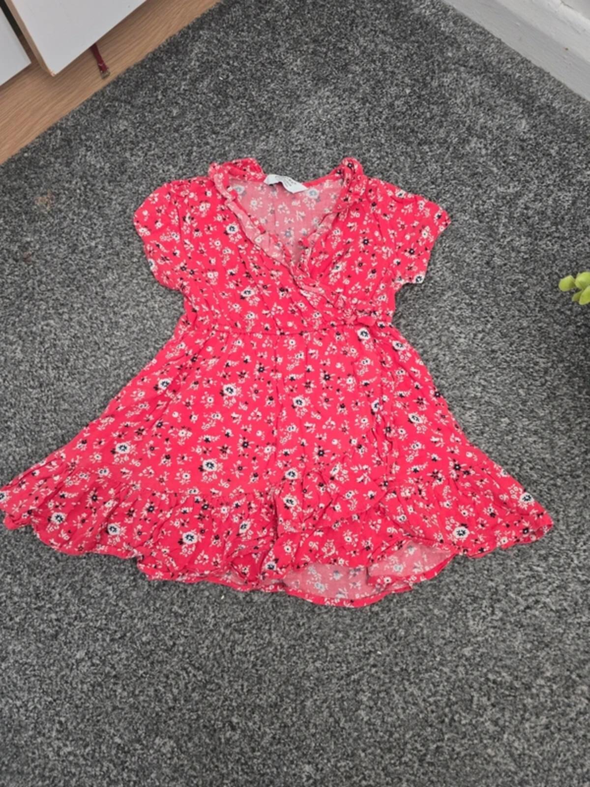 Primark Girls Bright Pink Ditsy Floral Frill Wrap Summer Dress Age 12-18 Months