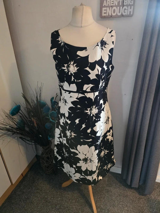 Laura Ashley Monochrome Cotton-Linen Floral Midi Dress Size 14
