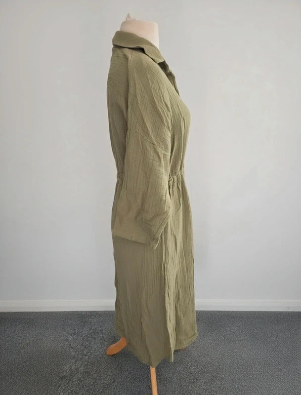 Replay Khaki Textured Cotton Midi Shirt Dress M Size 10-12 Drawstring Waist
