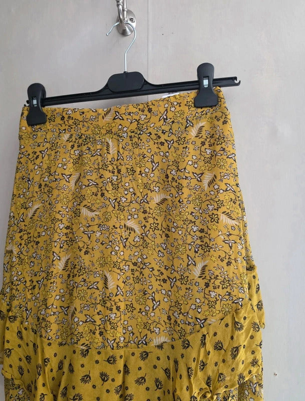 M&S Yellow & Black Floral Layered Mini Skirt Size 10 Lined Frill Hem Boho