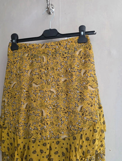 M&S Yellow & Black Floral Layered Mini Skirt Size 10 Lined Frill Hem Boho