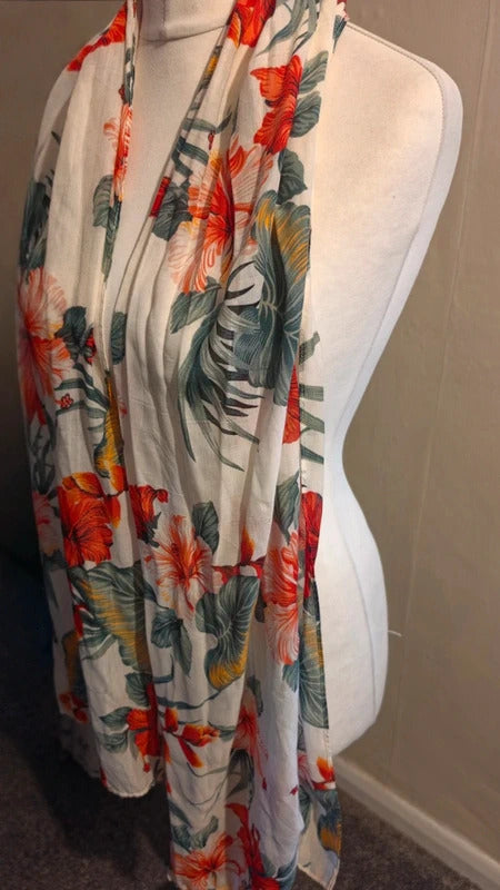 White Floral Tropical Print Lightweight Scarf One Size