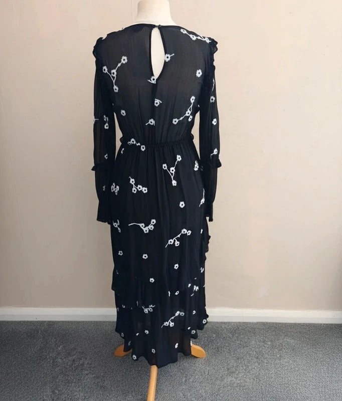 River Island Black & White Floral Frill Sheer Detail Midi Dress Size 8